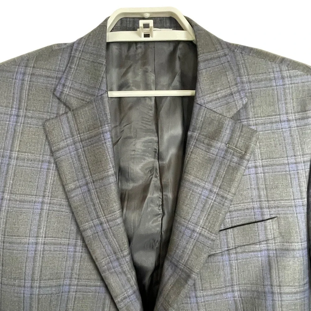 Peter Millar Wool Sharkskin Gray Blue Plaid Sports‎ Coat 44T Blazer